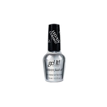 A 0.5 ounce front facing glass bottle of EzFlow Finish It! LED/UV nail gel topped with its twist brush cap