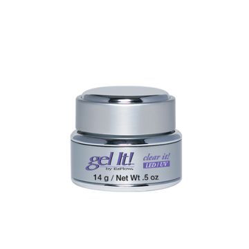 A gray & chrome colored 0.5 ounce jar of EzFlow Clear It! LED/UV gel for nails