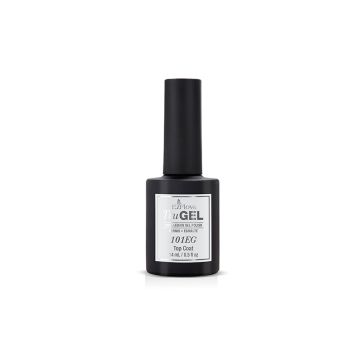Front facing of an 0.5 ounce black bottle of EzFlow TruGel Top Coat isolated in white color background