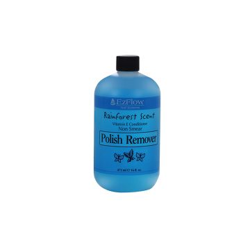 16-ounce front view of a Non-Smear EzFlow Rainforest Polish Remover in a bright blue bottle with product text