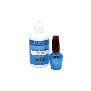 Front view demonstration of EzFlow UV-30 in 4-ounce dropper bottle and an 0.5 ounce bottle filled with EzFlow UV-30