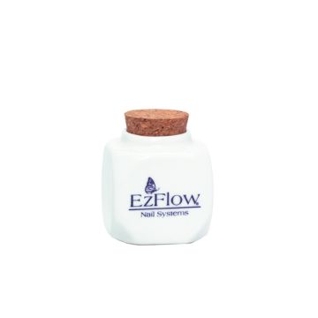 Frontage of EzFlow Dappen Dish with a cork cover cap, with labeled text, place in a white color background