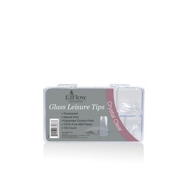 Comprehensive illustration of 100-count EzFlow Glass Leisure Tips in Crystal Clear variant with printed label text