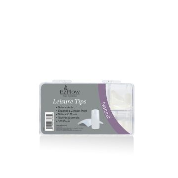 Expansive illustration of EzFlow Nail Systems Leisure Tips- Natural in 100 count variant with labeled text