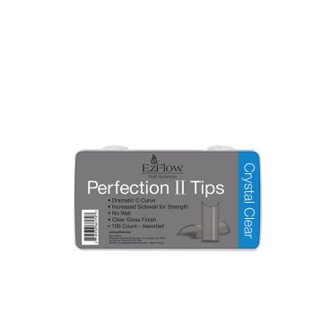 Front view of  EzFlow Nail System Perfection II Tips- Crystal Clear with printed label and product information