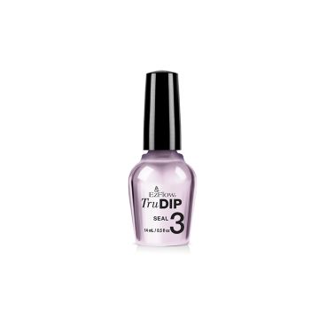 A clear 0.5 ounce bottle of EzFlow TruDIP Seal topped with black handled brush cap with its contents showing through
