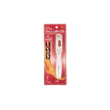 Checi Pro Coarse Foot File in its retail wall hook packaging showing through featuring its white handle & abrasive surface