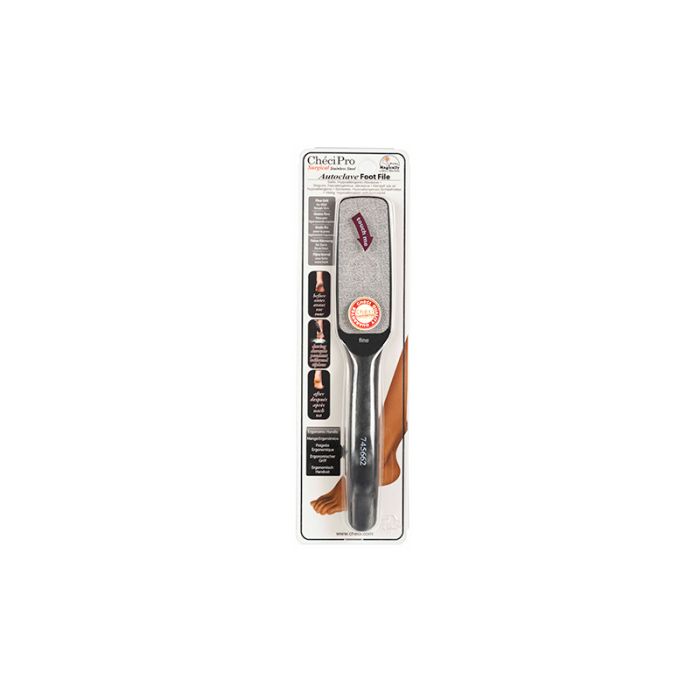 Checi Pro Fine Foot File showing through its retail wall hook packaging featuring its black handle & abrasive surface Checi Pro Fine Foot File showing through its retail wall hook packaging featuring its black handle & abrasive surface