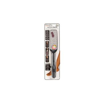 Front view of Checi Pro Medium Foot File in its plastic retail packaging featuring its black handle & medium abrasive surface