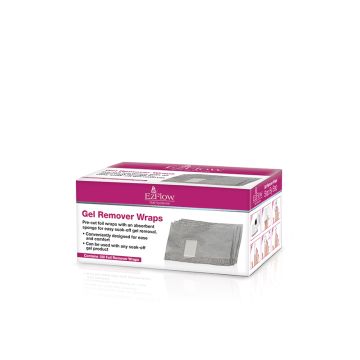 Three-dimensional illustration of EzFlow Gel Remover Pre-cut foil wraps with product label and information