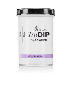 Front view of a  wthite 16 ounce container of EzFlow TruDip Powder Clear printed featuring black cap cover