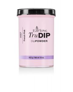 Front view of a 16-ounce glass container of EzFlow TruDIP Powder French Pink printed with product label & information