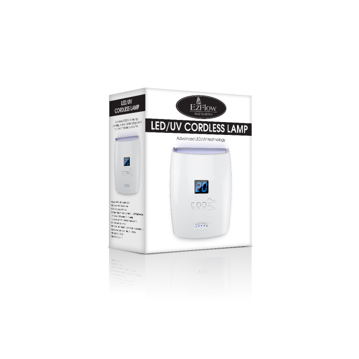 Angled front view of EzFlow PRO Cordles LED/UV retail box printed with product information & illustration Angled front view of EzFlow PRO Cordles LED/UV retail box printed with product information & illustration