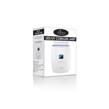 Angled front view of EzFlow PRO Cordles LED/UV retail box printed with product information & illustration